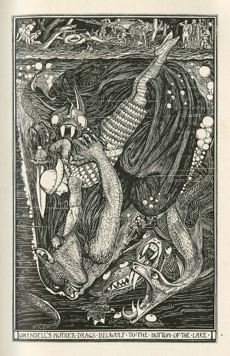 Henry Justice Ford's illustration of Beowulf fighting Grendel's mother from The Red Book of Animal Stories (1899)